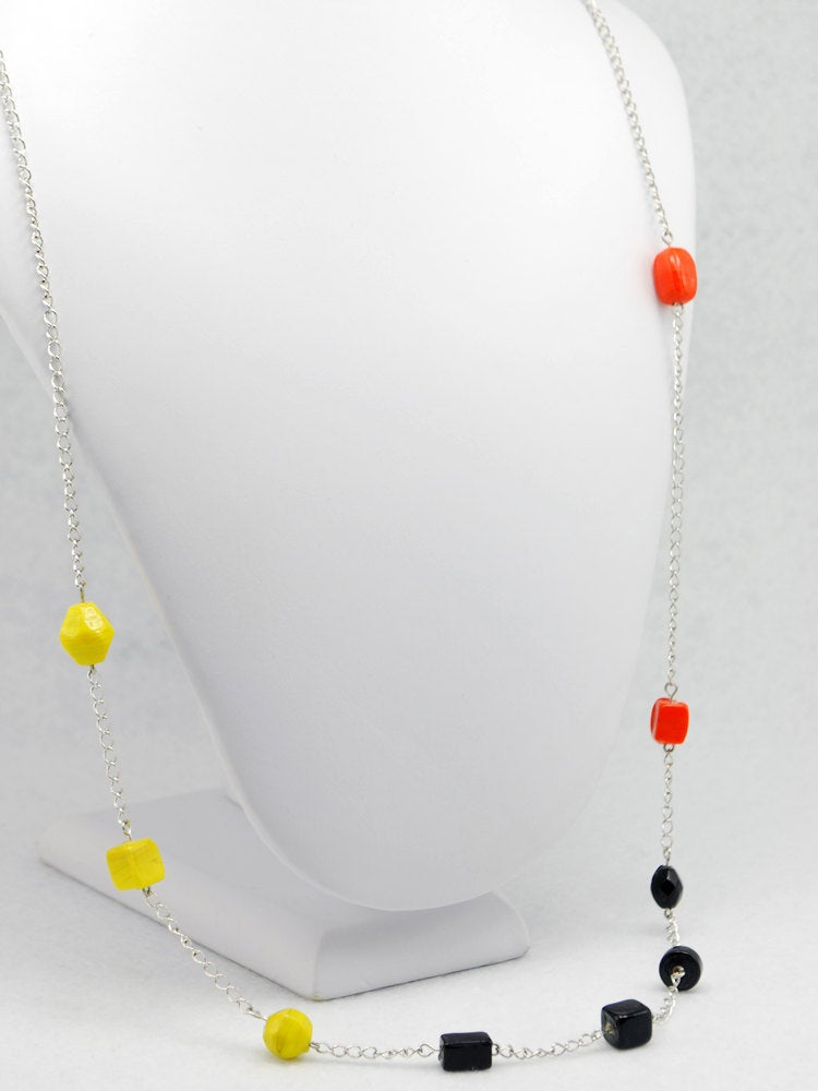 Silver Asymmetrical Orange Black and Yellow Beaded Necklace - LuvCherie Jewelry
