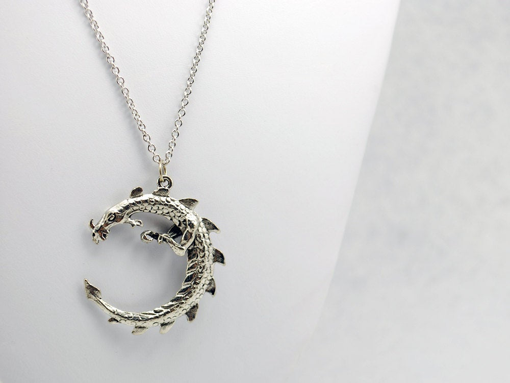 Large Serpent Dragon Necklace in Silver