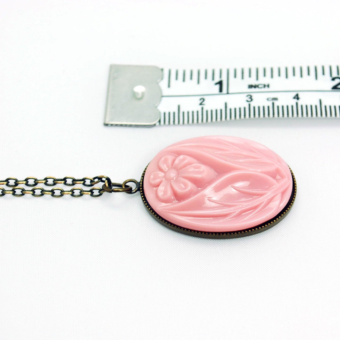 Pink Flower Cameo Necklace in Antique Brass