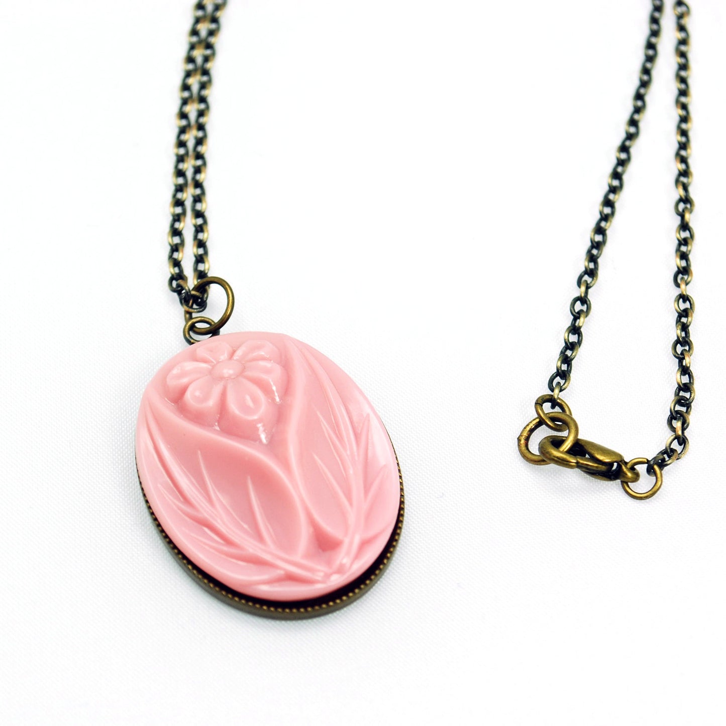 Pink Flower Cameo Necklace in Antique Brass