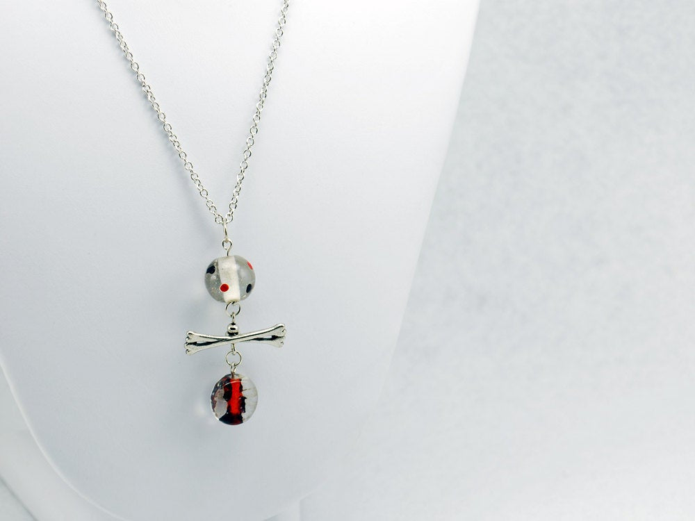 Orange Black Bones Beaded Necklace in Silver