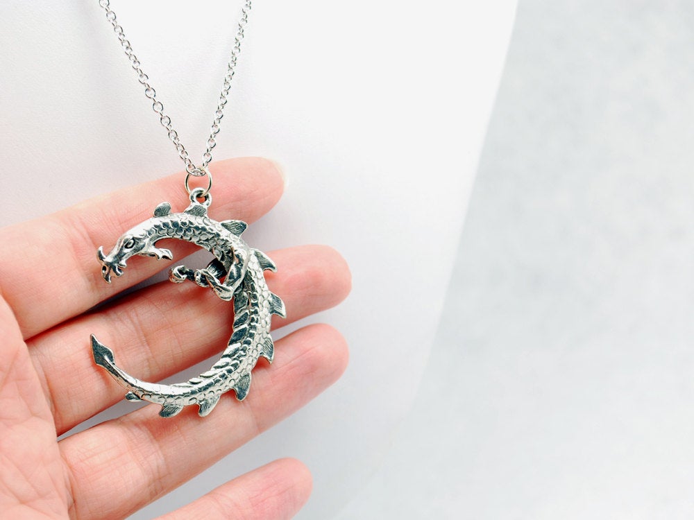 Large Serpent Dragon Necklace in Silver