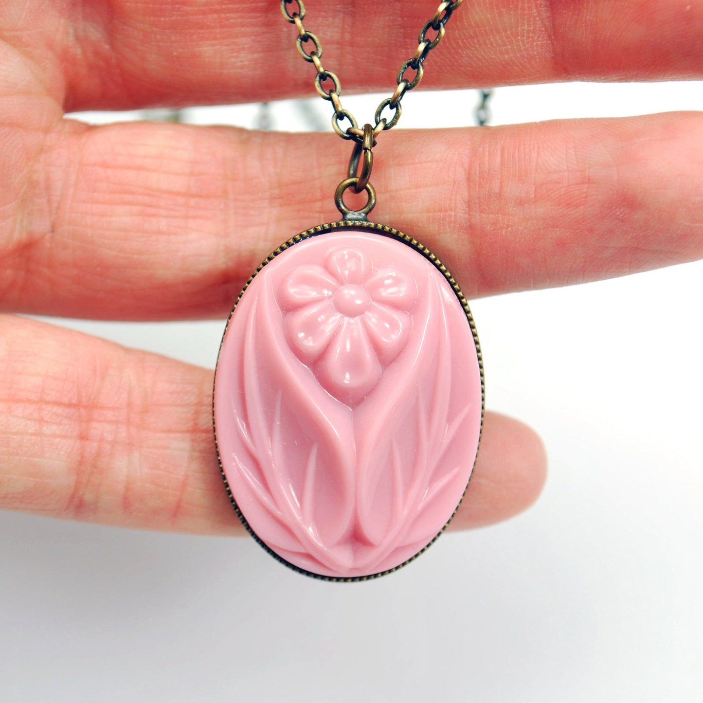 Pink Flower Cameo Necklace in Antique Brass