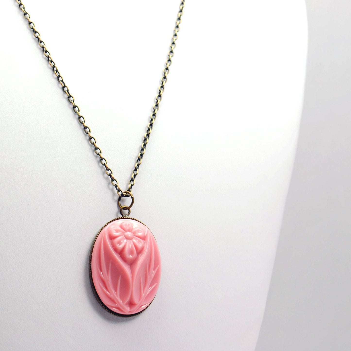 Pink Flower Cameo Necklace in Antique Brass