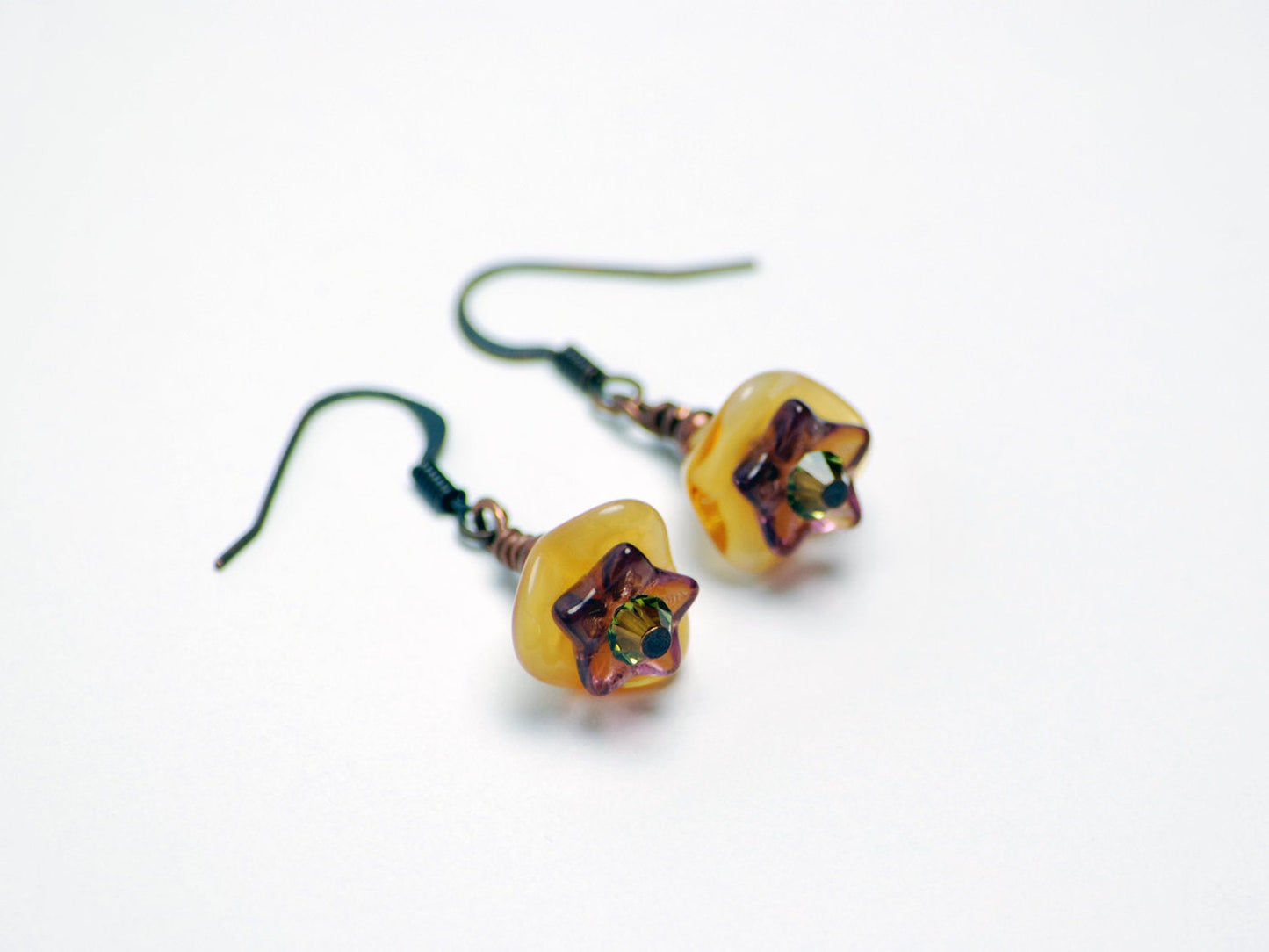 Olive Green, Amethyst, and Copper Flower Earrings in Antique Copper