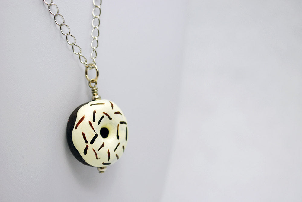 Large Vanilla Icing and Chocolate Sprinkles Ceramic Doughnut Necklace in Silver - LuvCherie Jewelry