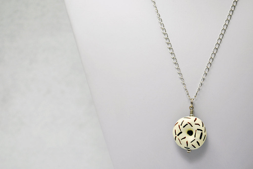 Large Vanilla Icing and Chocolate Sprinkles Ceramic Doughnut Necklace in Silver - LuvCherie Jewelry
