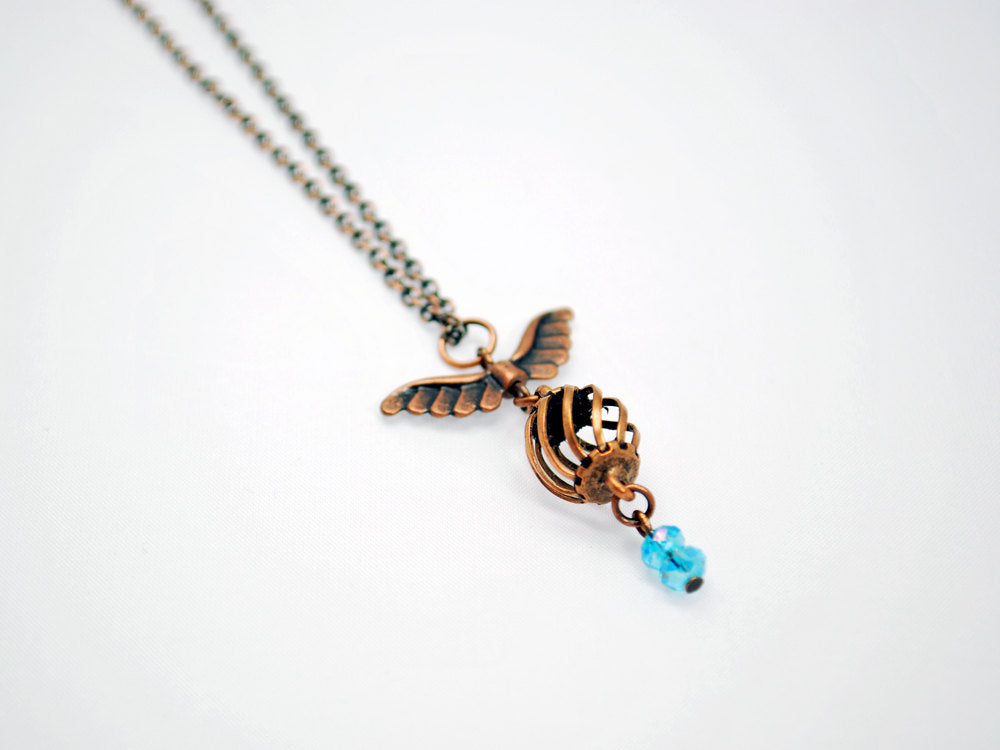 Uncaged Bird Necklace in Antique Copper and Blue