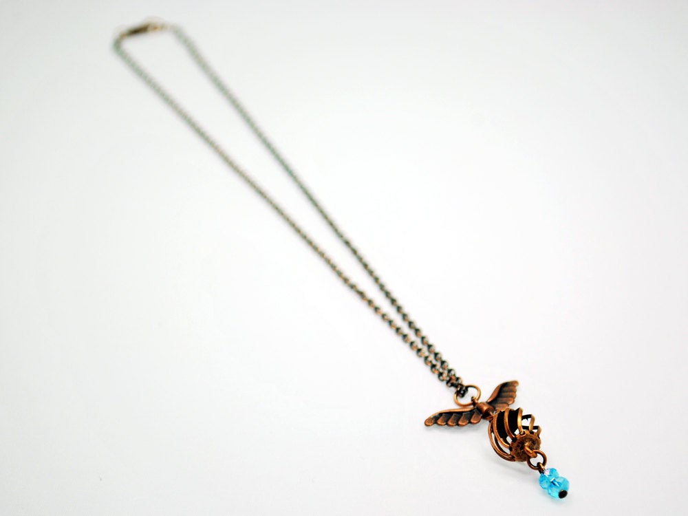 Uncaged Bird Necklace in Antique Copper and Blue