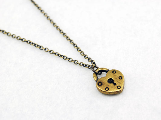Heart Lock Necklace in Antique Brass