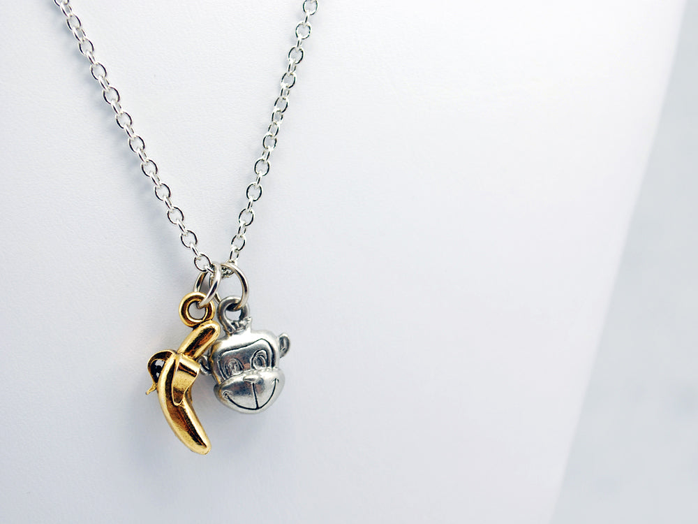 Banana & Monkey Necklace in Silver