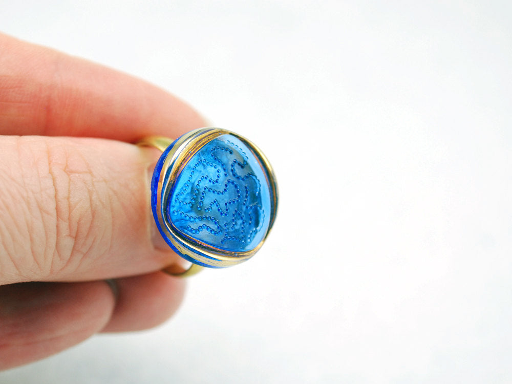 Blue and Gold Vintage Glass Triangle Ring with Adjustable Gold Band - LuvCherie Jewelry