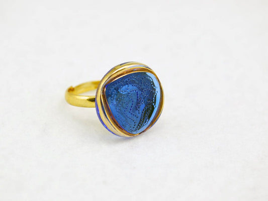Blue and Gold Vintage Glass Triangle Ring with Adjustable Gold Band - LuvCherie Jewelry