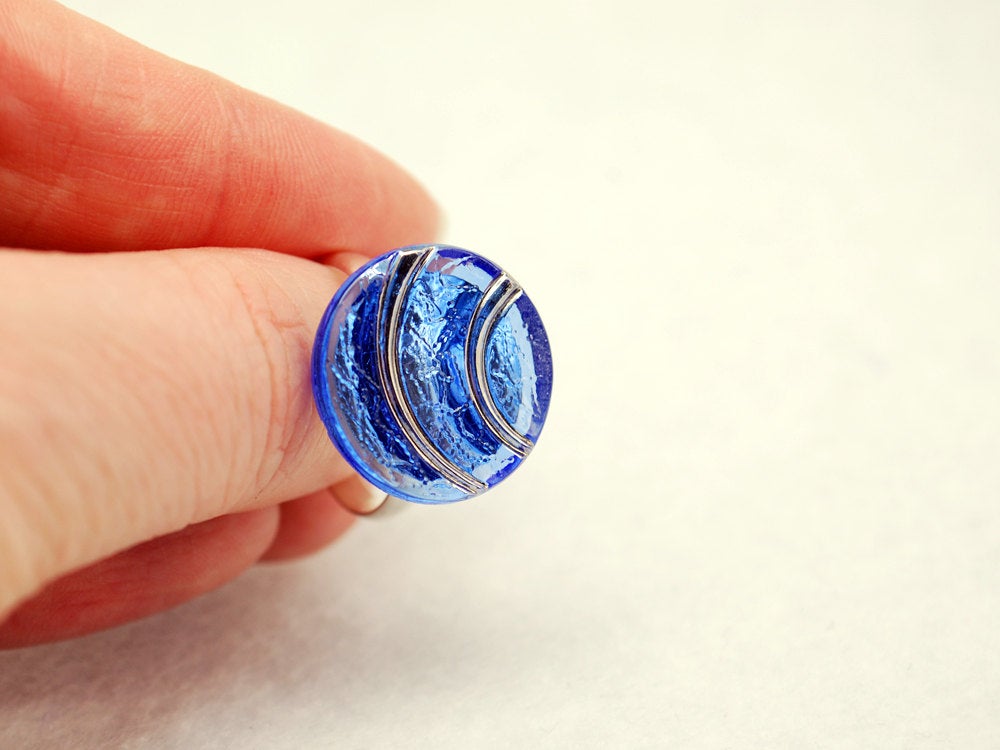 Blue and Silver Arches Vintage Glass Ring with Adjustable Silver Band - LuvCherie Jewelry