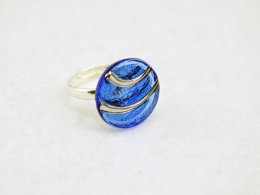 Blue and Silver Arches Vintage Glass Ring with Adjustable Silver Band - LuvCherie Jewelry