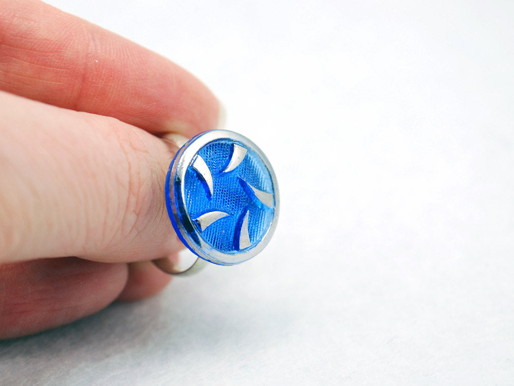 Blue and Silver Thorns Vintage Glass Ring with Adjustable Silver Band - LuvCherie Jewelry
