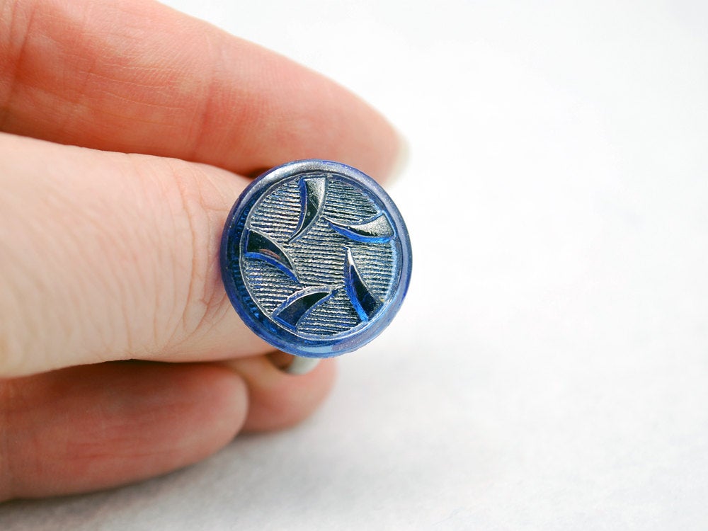 Blue Thorns Vintage Glass Ring with Adjustable Silver Band - LuvCherie Jewelry