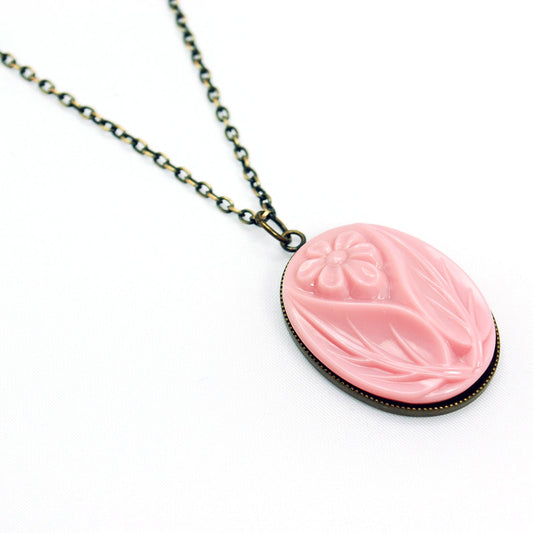 Pink Flower Cameo Necklace in Antique Brass