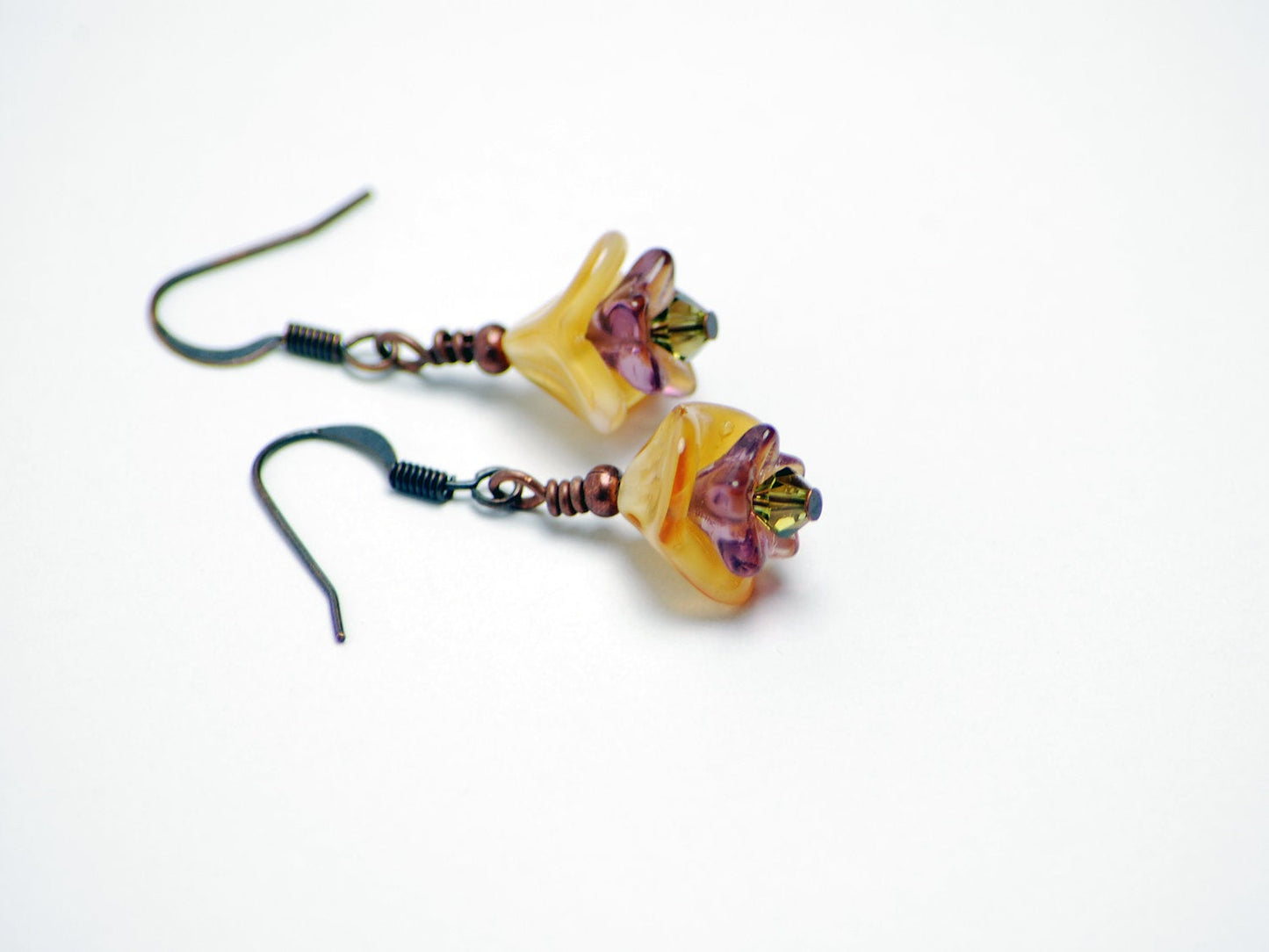 Olive Green, Amethyst, and Copper Flower Earrings in Antique Copper