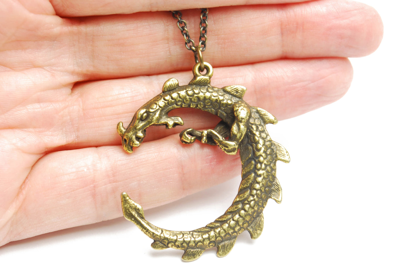 Large Serpent Dragon Necklace in Antique Brass