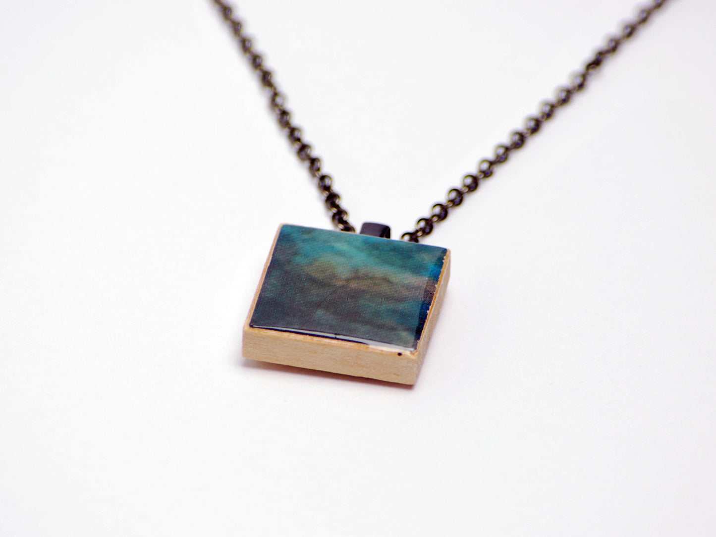 Upcycled Blue and Gray Abstract FFXI Necklace in Wood and Gunmetal - LuvCherie Jewelry