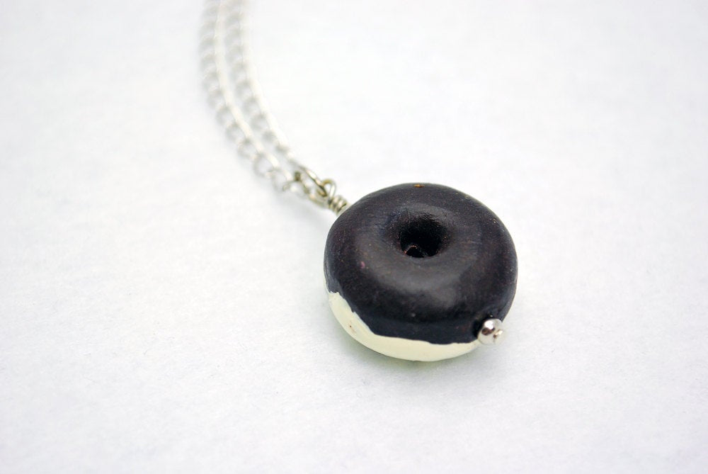 Large Vanilla Icing and Chocolate Sprinkles Ceramic Doughnut Necklace in Silver - LuvCherie Jewelry