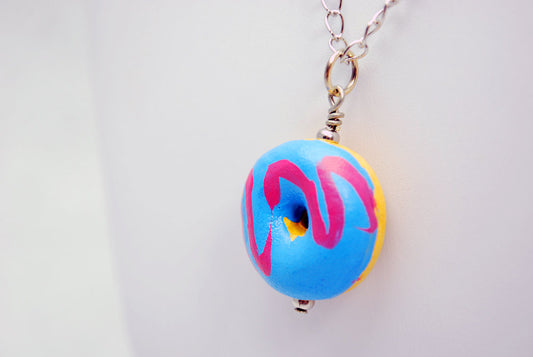 Donut Necklace with Blue and Pink Icing in Silver