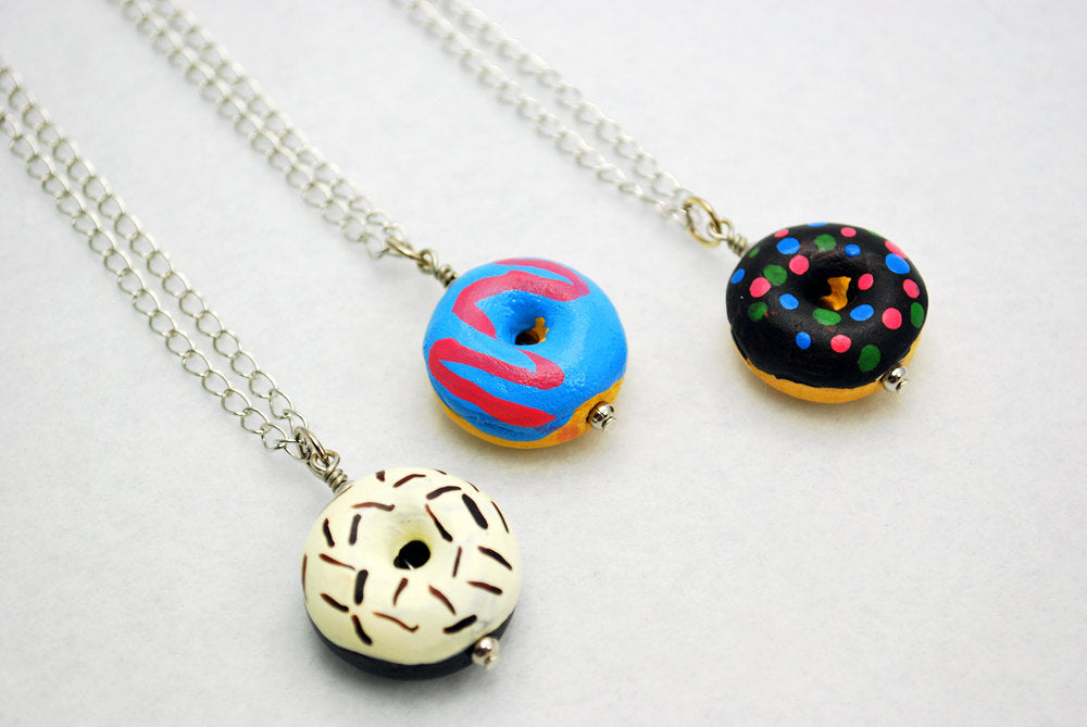 Donut Necklace with Blue and Pink Icing in Silver