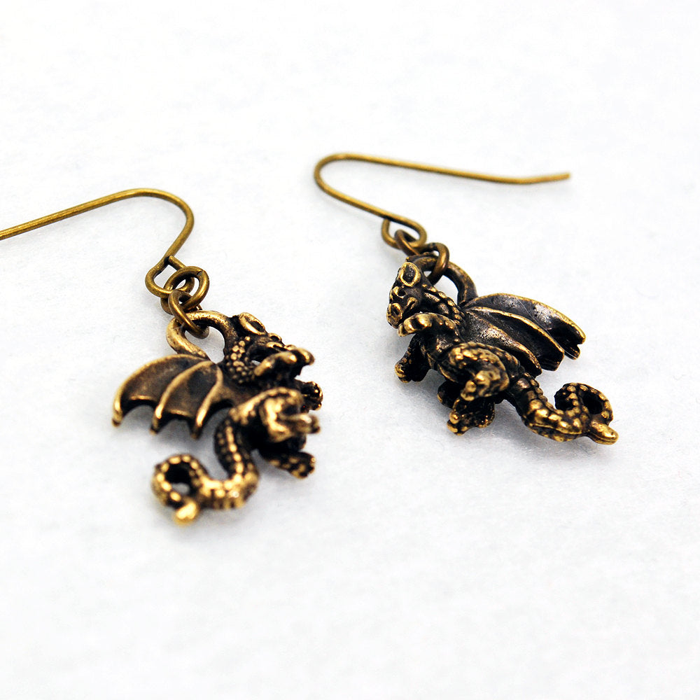 Dragon Earrings in Antique Brass