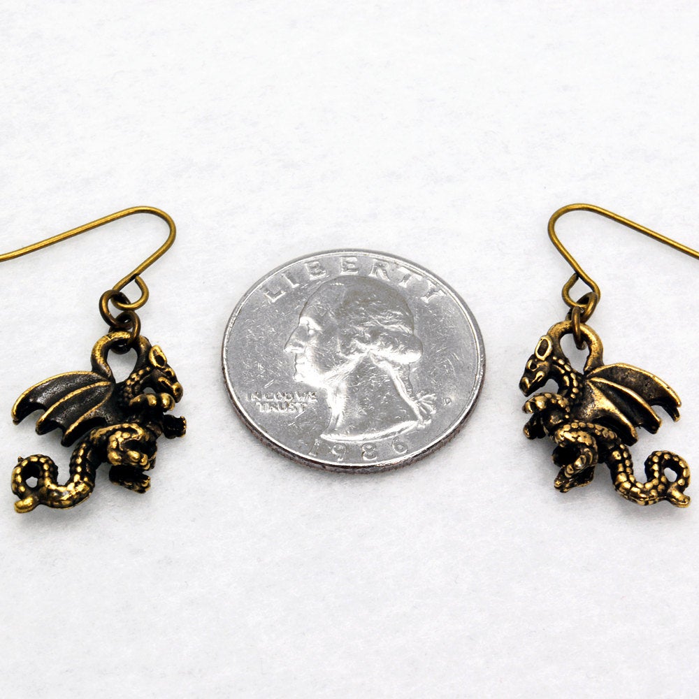 Dragon Earrings in Antique Brass