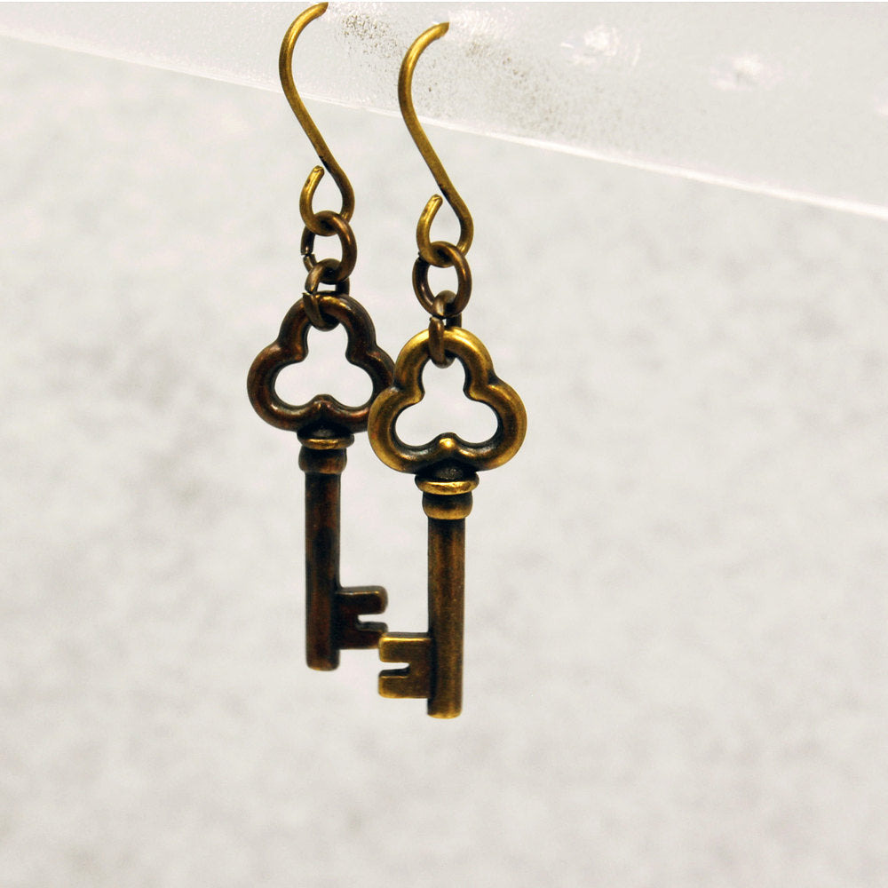 Clover Key Earrings in Antique Brass