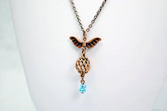 Uncaged Bird Necklace in Antique Copper and Blue